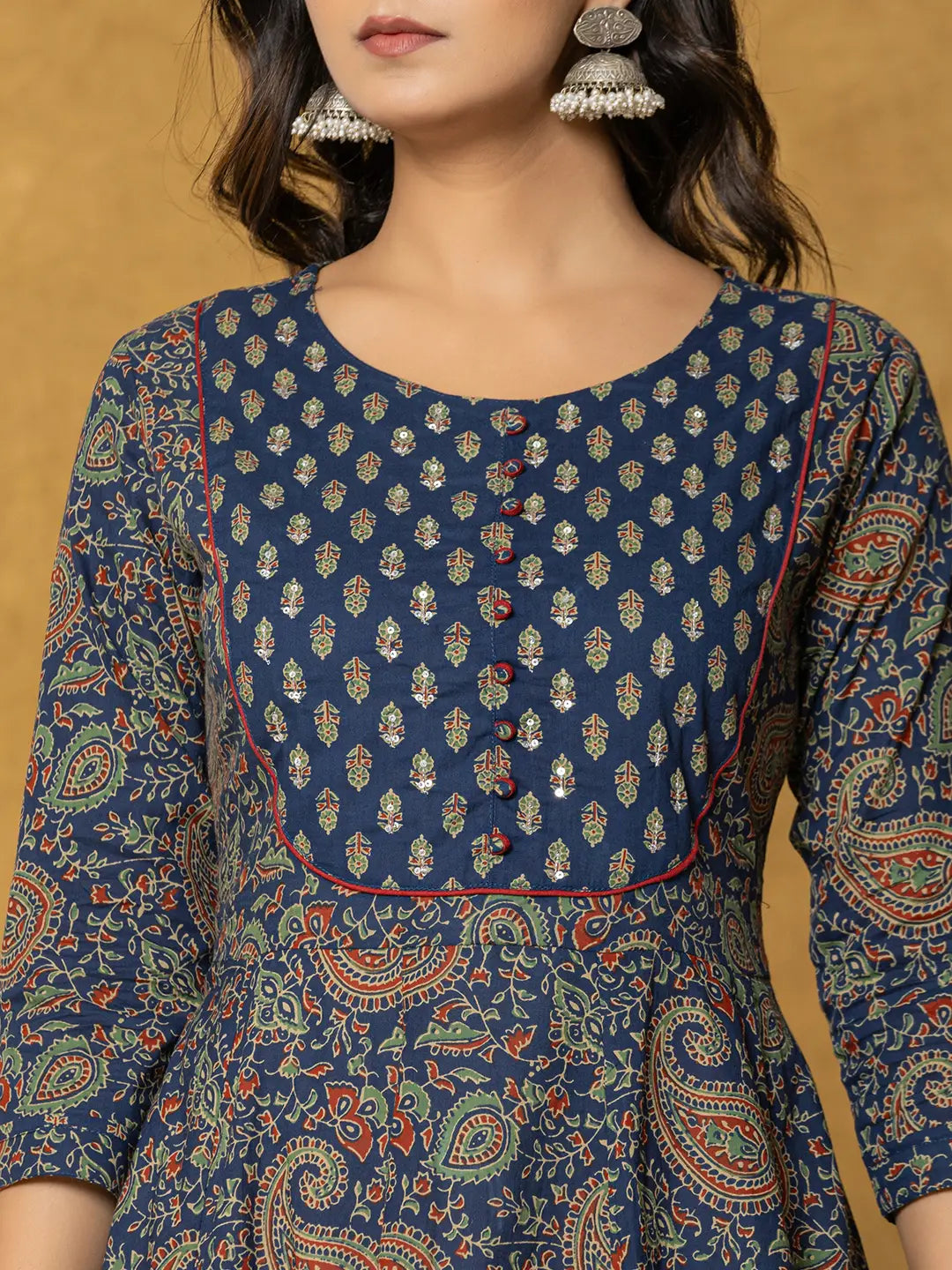 Yufta Navy Blue Sequins_Worky Cotton Anarkali Kurta Dupatta Set