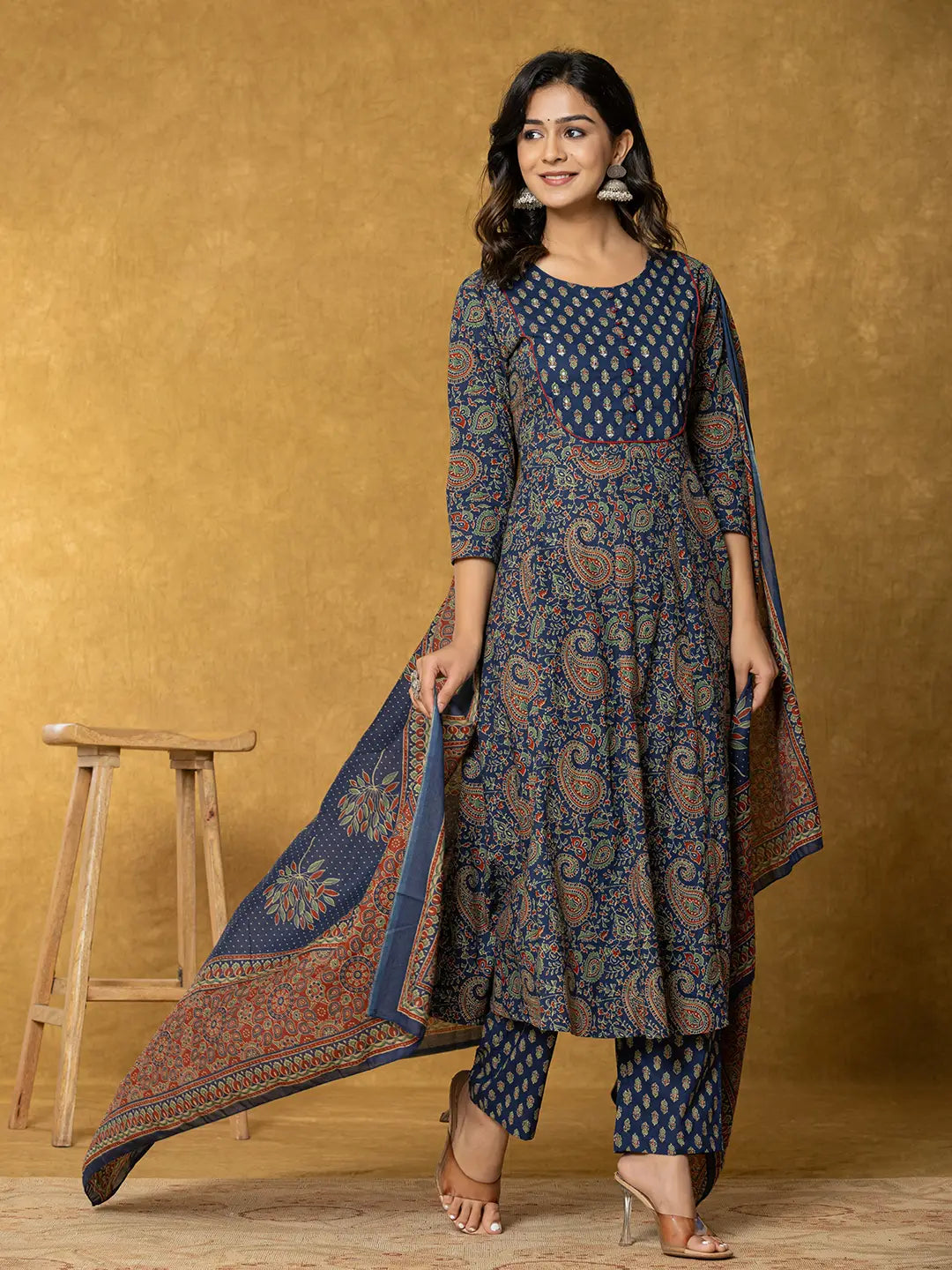 Yufta Navy Blue Sequins_Worky Cotton Anarkali Kurta Dupatta Set - Distacart