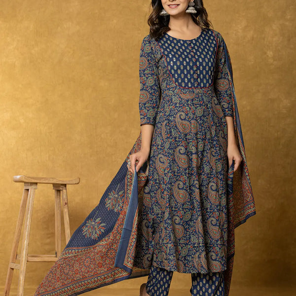 Yufta Navy Blue Sequins_Worky Cotton Anarkali Kurta Dupatta Set - Distacart