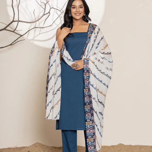 Yufta Navy Blue Solid Cotton Straight Kurta Dupatta Set - Distacart