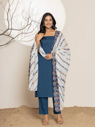 Yufta Navy Blue Solid Cotton Straight Kurta Dupatta Set
