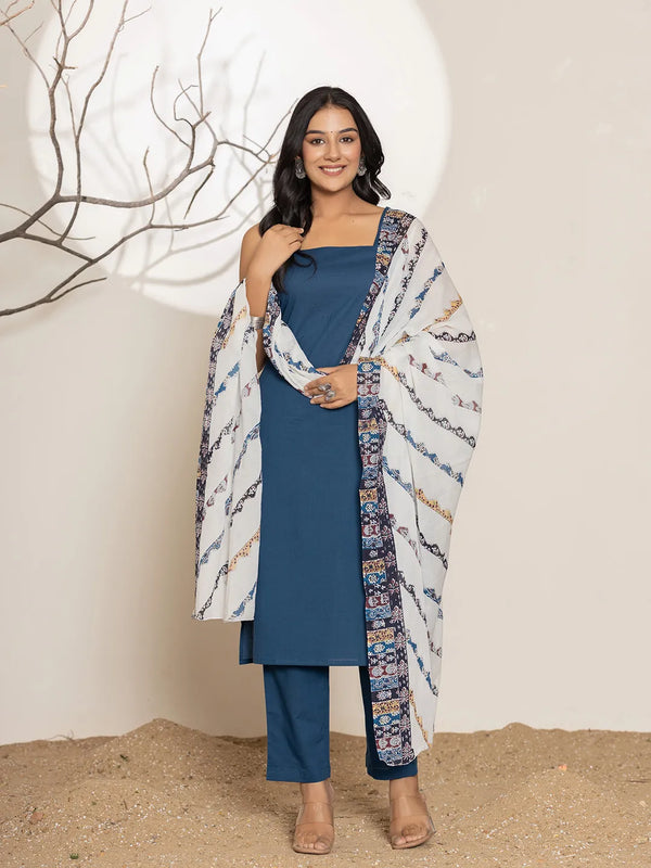 Yufta Navy Blue Solid Cotton Straight Kurta Dupatta Set