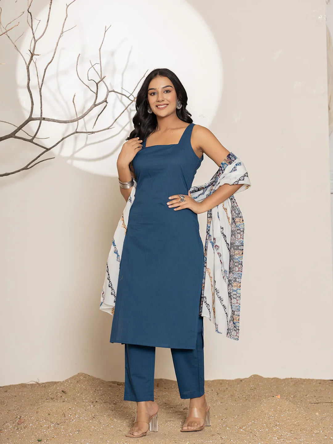 Yufta Navy Blue Solid Cotton Straight Kurta Dupatta Set - Distacart