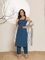 Thumbnail for Yufta Navy Blue Solid Cotton Straight Kurta Dupatta Set
