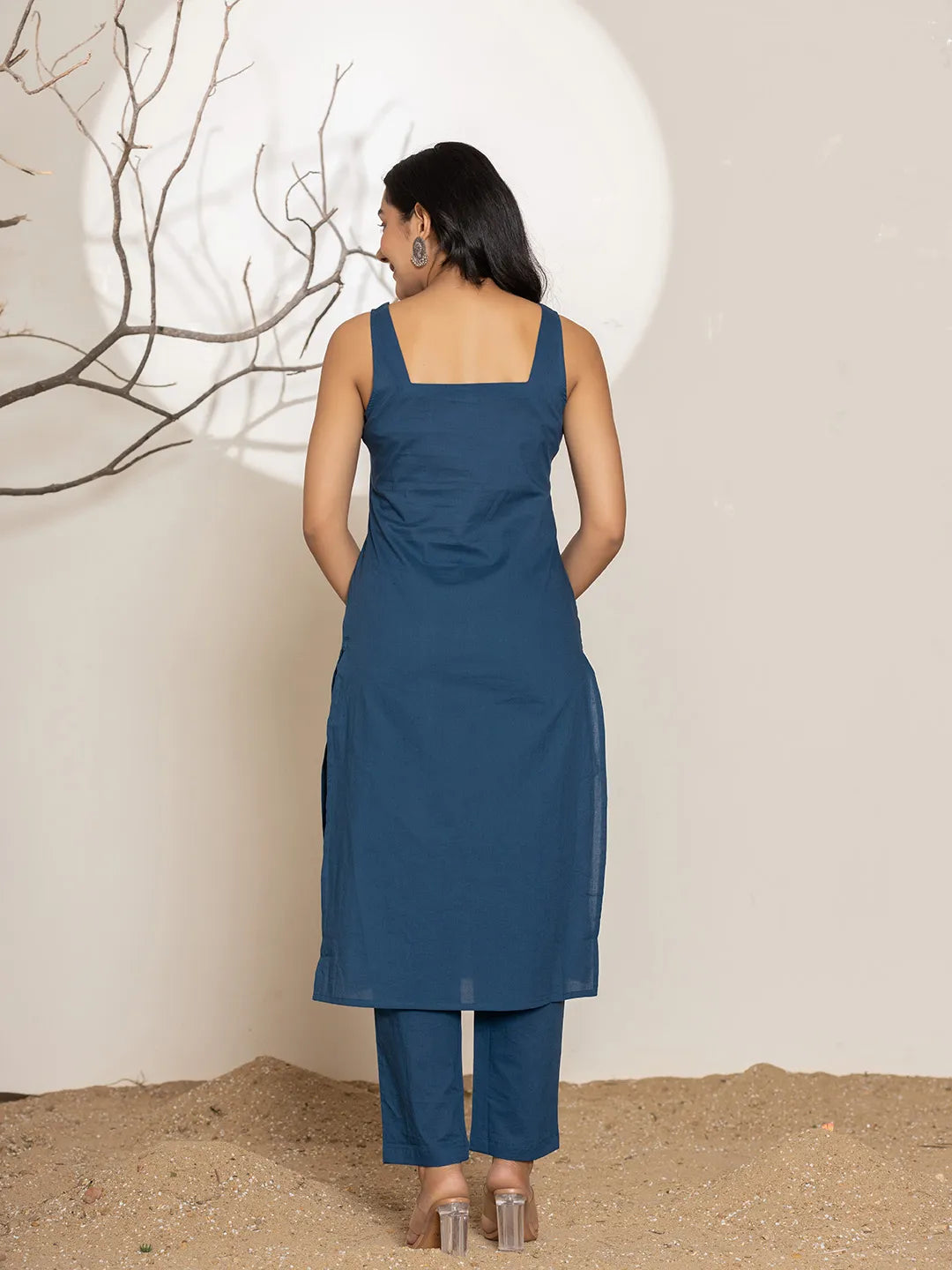Yufta Navy Blue Solid Cotton Straight Kurta Dupatta Set