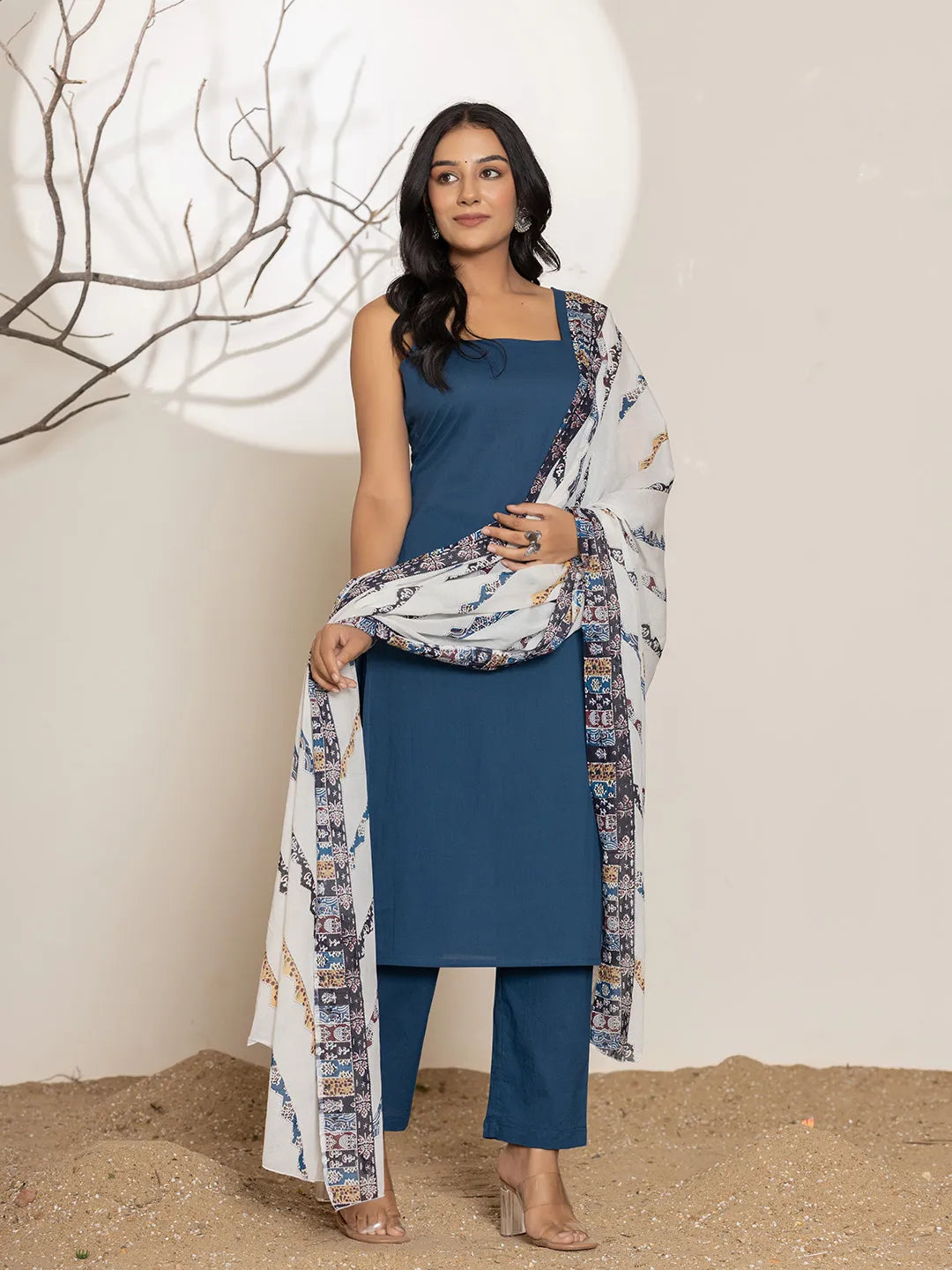 Yufta Navy Blue Solid Cotton Straight Kurta Dupatta Set