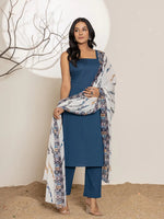 Thumbnail for Yufta Navy Blue Solid Cotton Straight Kurta Dupatta Set
