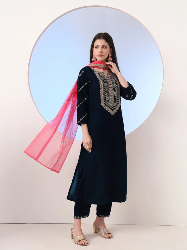 Yufta Navy Blue Velvet Zari Work Kurta Trouser Dupatta Set