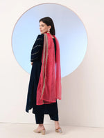 Thumbnail for Yufta Navy Blue Velvet Zari Work Kurta Trouser Dupatta Set