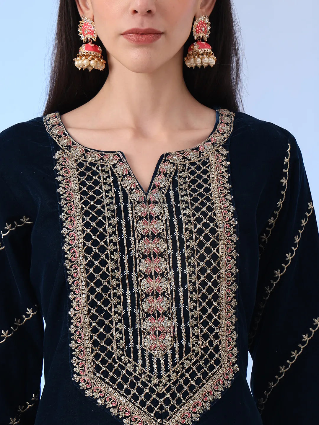 Yufta Navy Blue Velvet Zari Work Kurta Trouser Dupatta Set