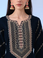 Thumbnail for Yufta Navy Blue Velvet Zari Work Kurta Trouser Dupatta Set
