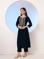 Thumbnail for Yufta Navy Blue Velvet Zari Work Kurta Trouser Dupatta Set