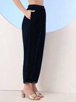 Thumbnail for Yufta Navy Blue Velvet Zari Work Kurta Trouser Dupatta Set