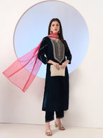 Thumbnail for Yufta Navy Blue Velvet Zari Work Kurta Trouser Dupatta Set