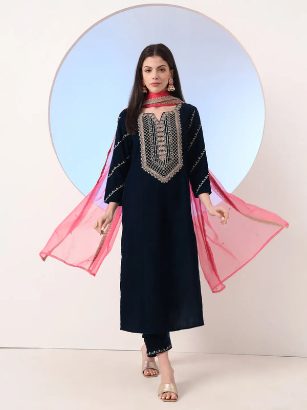 Yufta Navy Blue Velvet Zari Work Kurta Trouser Dupatta Set
