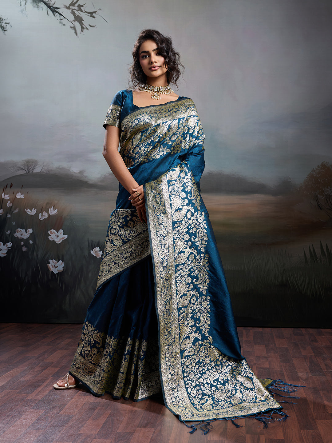 Anaita Navy Silk Blend Woven Saree With Blouse - Dista