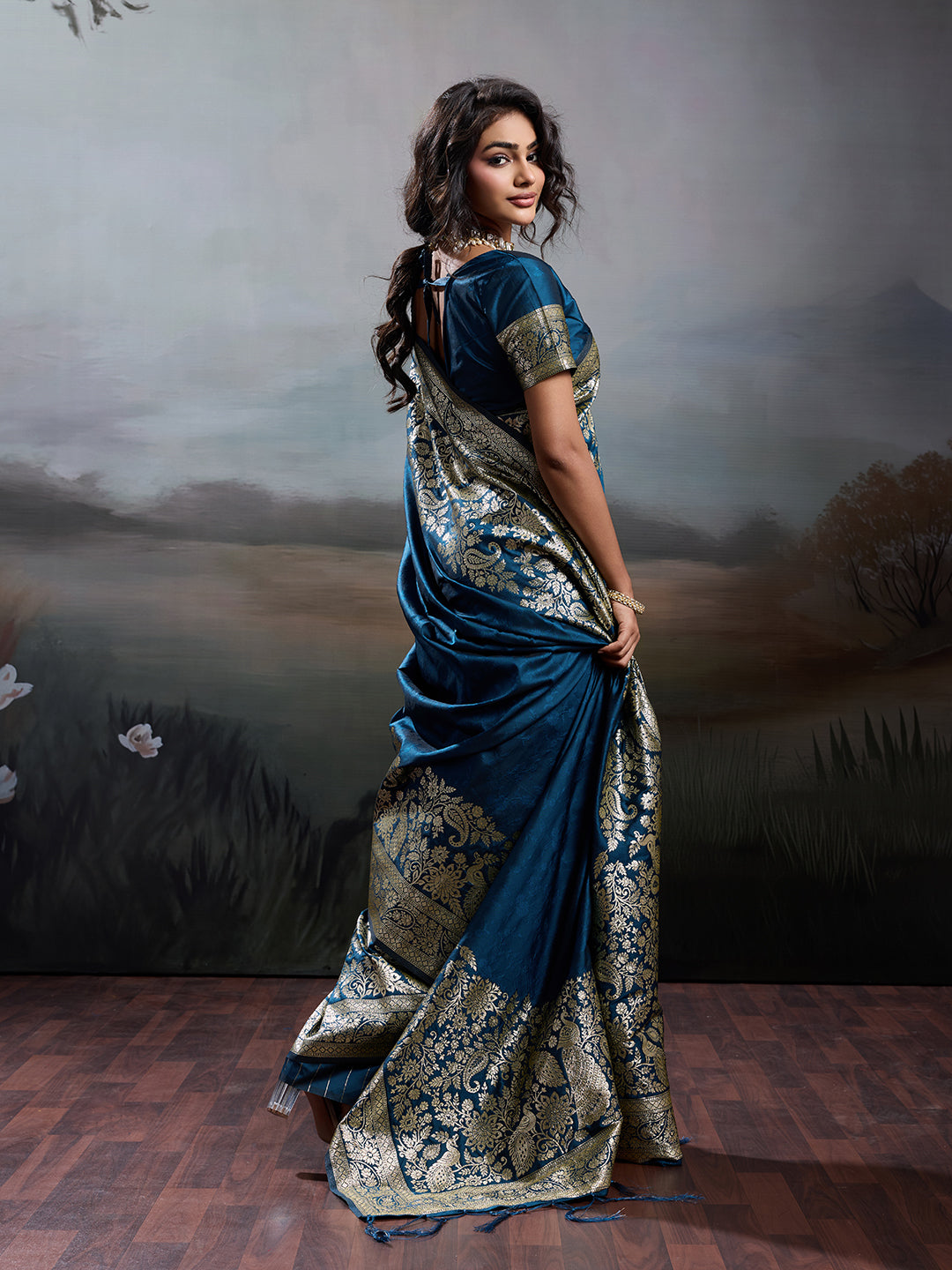 Anaita Navy Silk Blend Woven Saree With Blouse - Dista