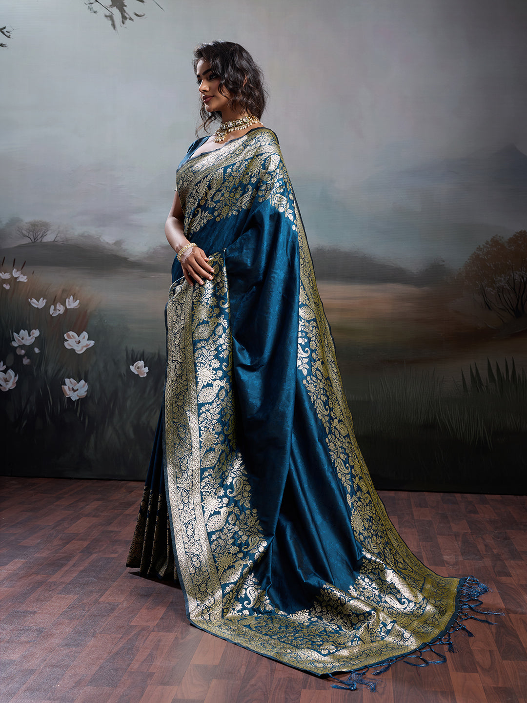 Anaita Navy Silk Blend Woven Saree With Blouse - Dista