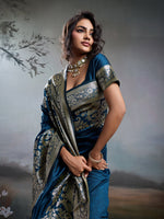 Thumbnail for Anaita Navy Silk Blend Woven Saree With Blouse - Dista