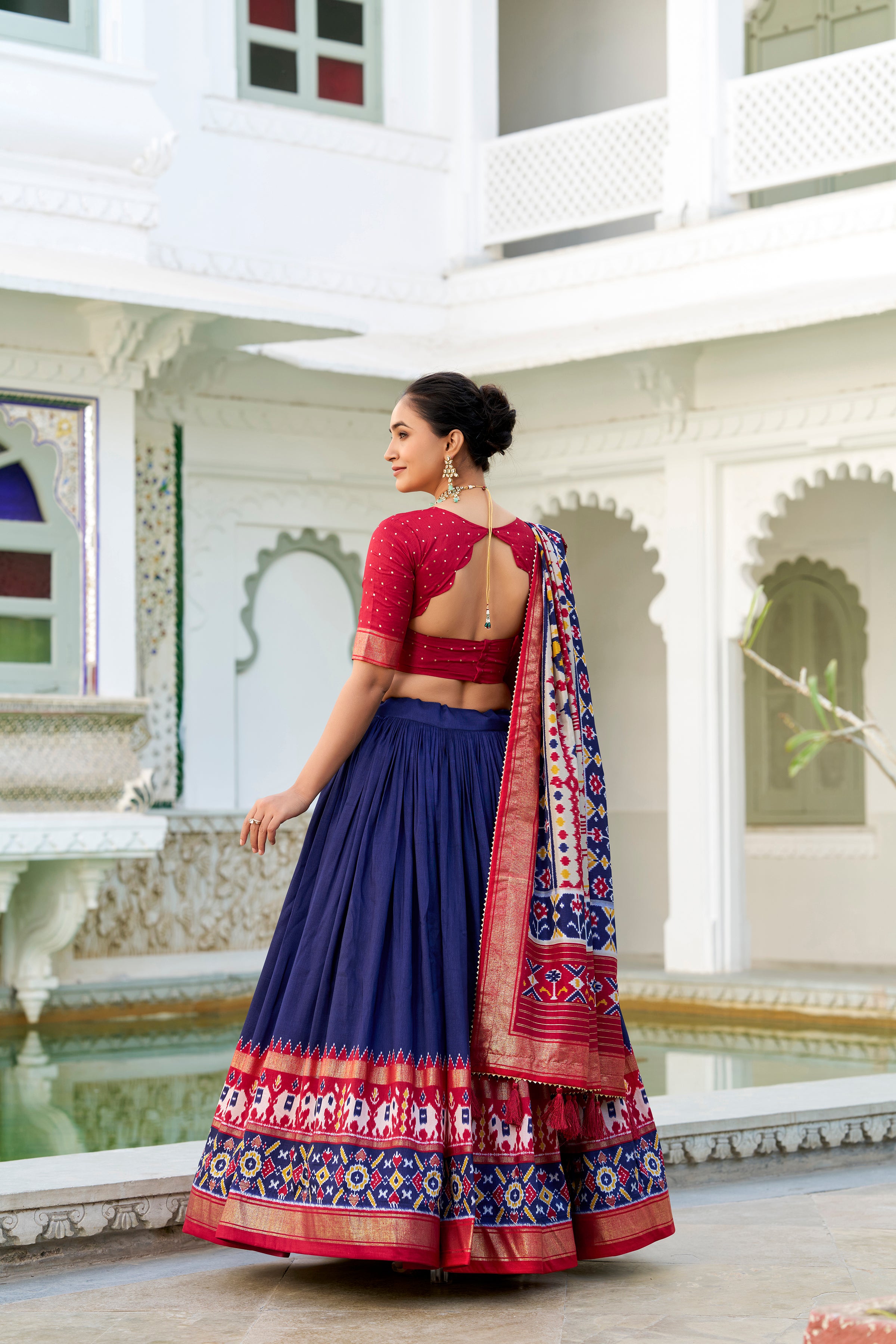 Evanik Navy Blue Traditional Style Tussar Silk Patola Print With Foil Work Unstitched Lehenga Choli