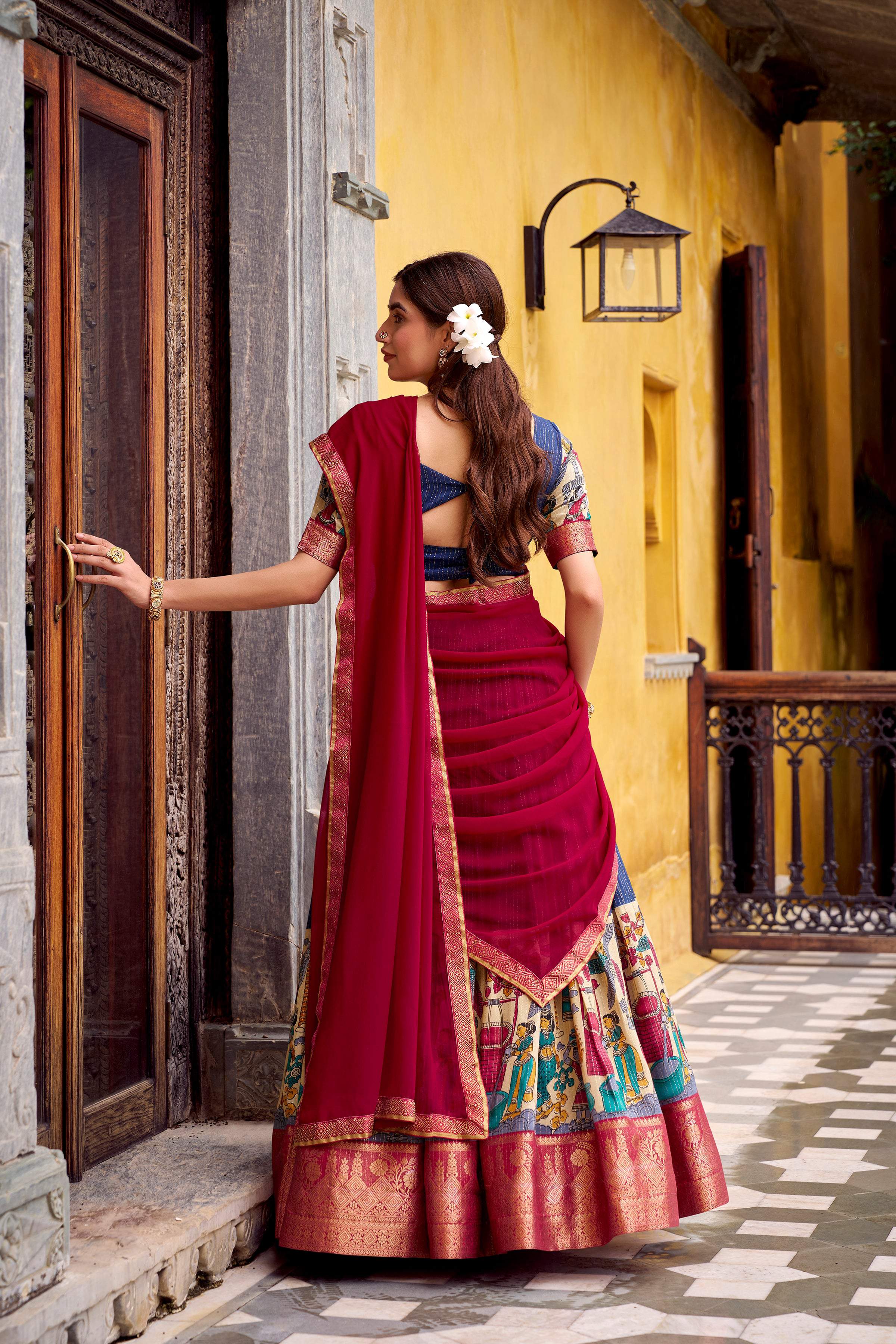 Evanik Navy Blue South Style Kalamkari Print Design Zari Work Unstitched Lehenga Choli