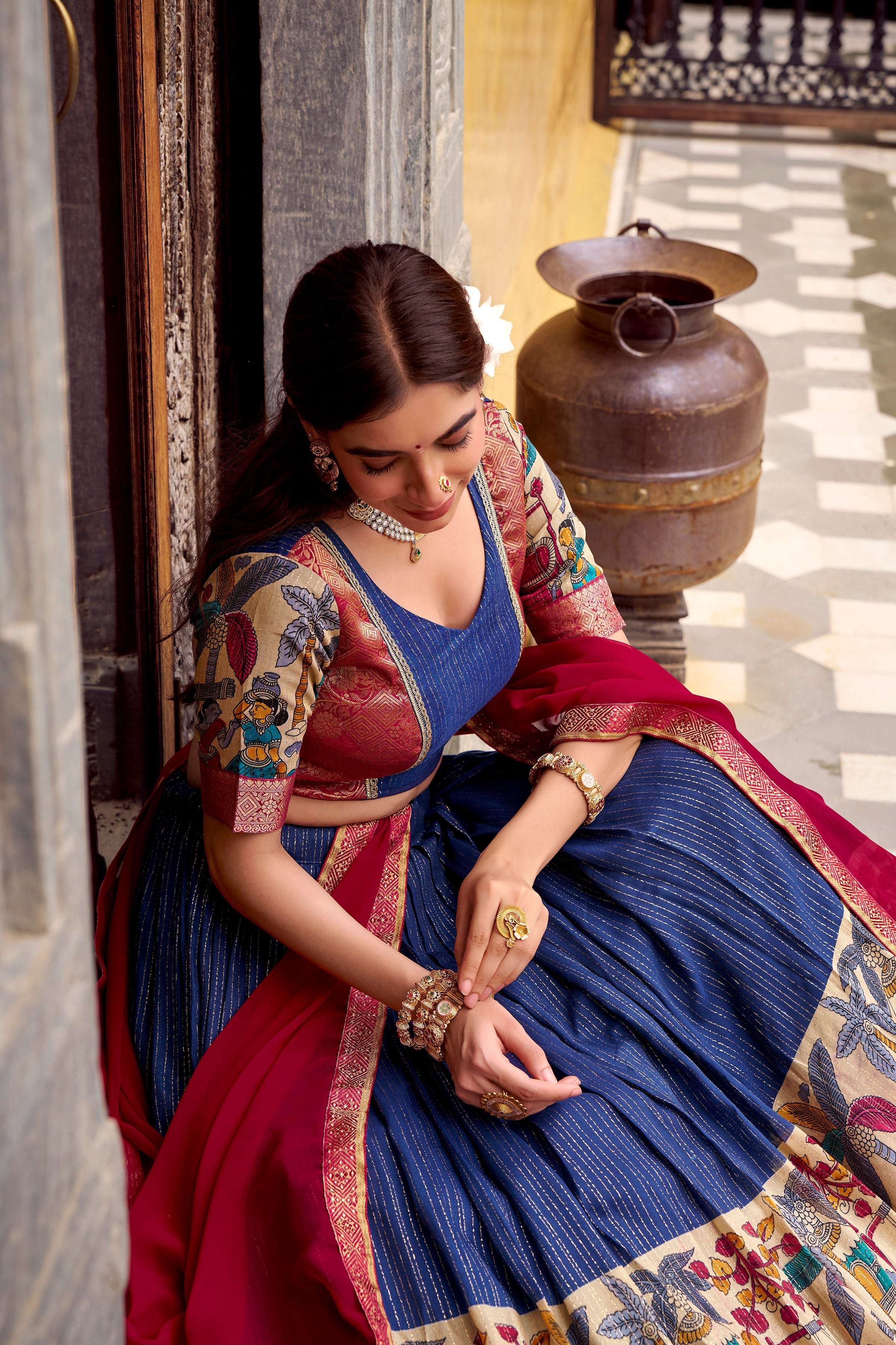 Evanik Navy Blue South Style Kalamkari Print Design Zari Work Unstitched Lehenga Choli