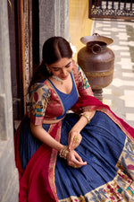 Thumbnail for Evanik Navy Blue South Style Kalamkari Print Design Zari Work Unstitched Lehenga Choli