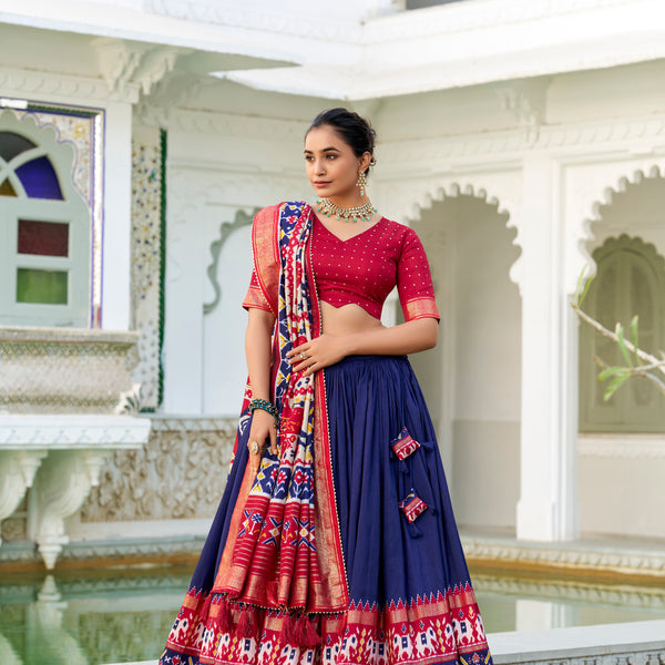 Evanik Navy Blue Traditional Style Tussar Silk Patola Print With Foil Work Unstitched Lehenga Choli