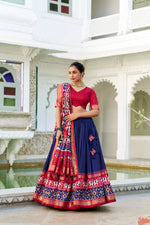 Thumbnail for Evanik Navy Blue Traditional Style Tussar Silk Patola Print With Foil Work Unstitched Lehenga Choli