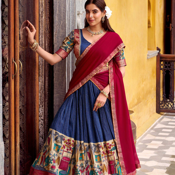 Evanik Navy Blue South Style Kalamkari Print Design Zari Work Unstitched Lehenga Choli