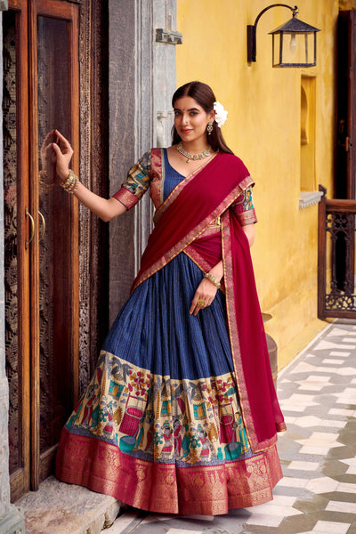 Evanik Navy Blue South Style Kalamkari Print Design Zari Work Unstitched Lehenga Choli
