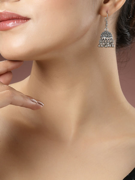 NVR Women's Silver-Toned German Silver Oxidised Dome Shaped Jhumka Earrings - Distacart