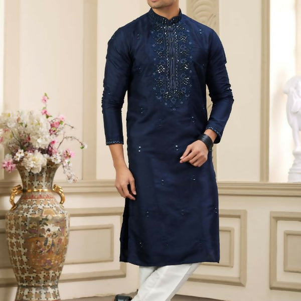 Raivat Ethnic Banarasi Art Silk Thread and Mirror Work Kurta Pajama In Blue Colour