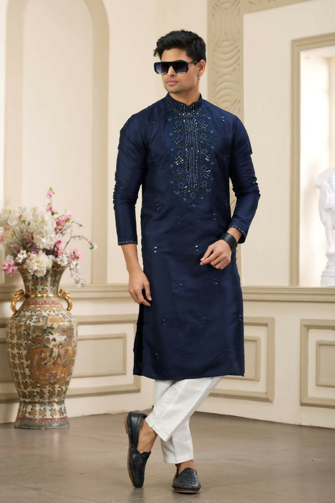 Raivat Ethnic Banarasi Art Silk Thread and Mirror Work Kurta Pajama In Blue Colour - Distacart