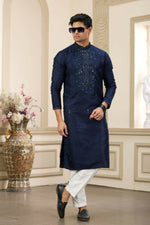 Thumbnail for Raivat Ethnic Banarasi Art Silk Thread and Mirror Work Kurta Pajama In Blue Colour