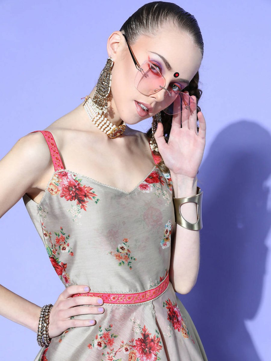 Ahalyaa Women Beige Colour Beautiful Chanderi Printed Kurta Pant Set - Distacart