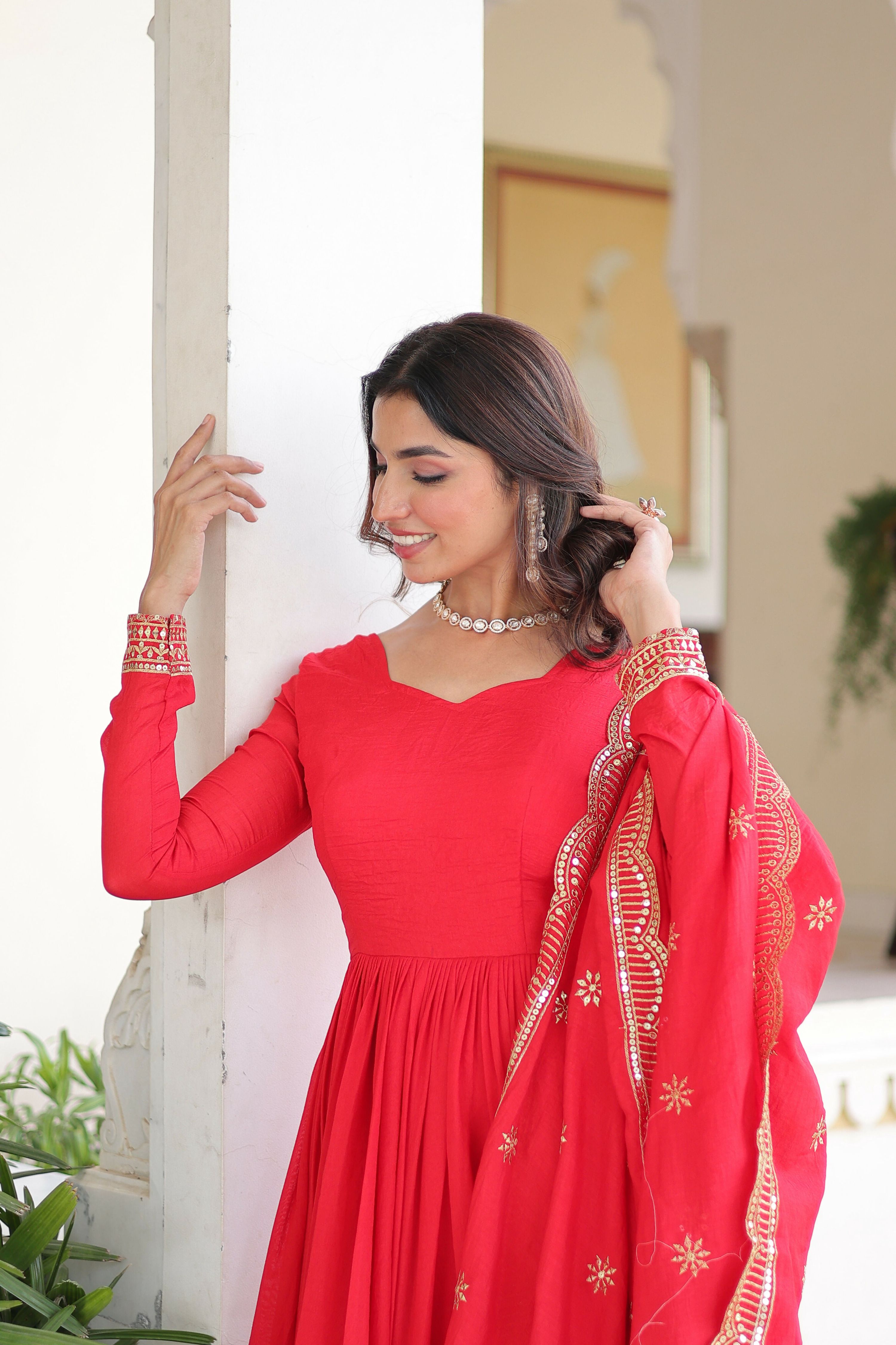 Joban Fashion Red Readymade Kurta Set With Sequence embroidery Work