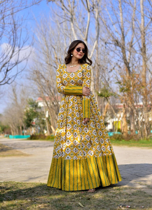 Aastha Fashion Women's Mustard Cotton Silk Digital Printed Anarkali Dress - Distacart
