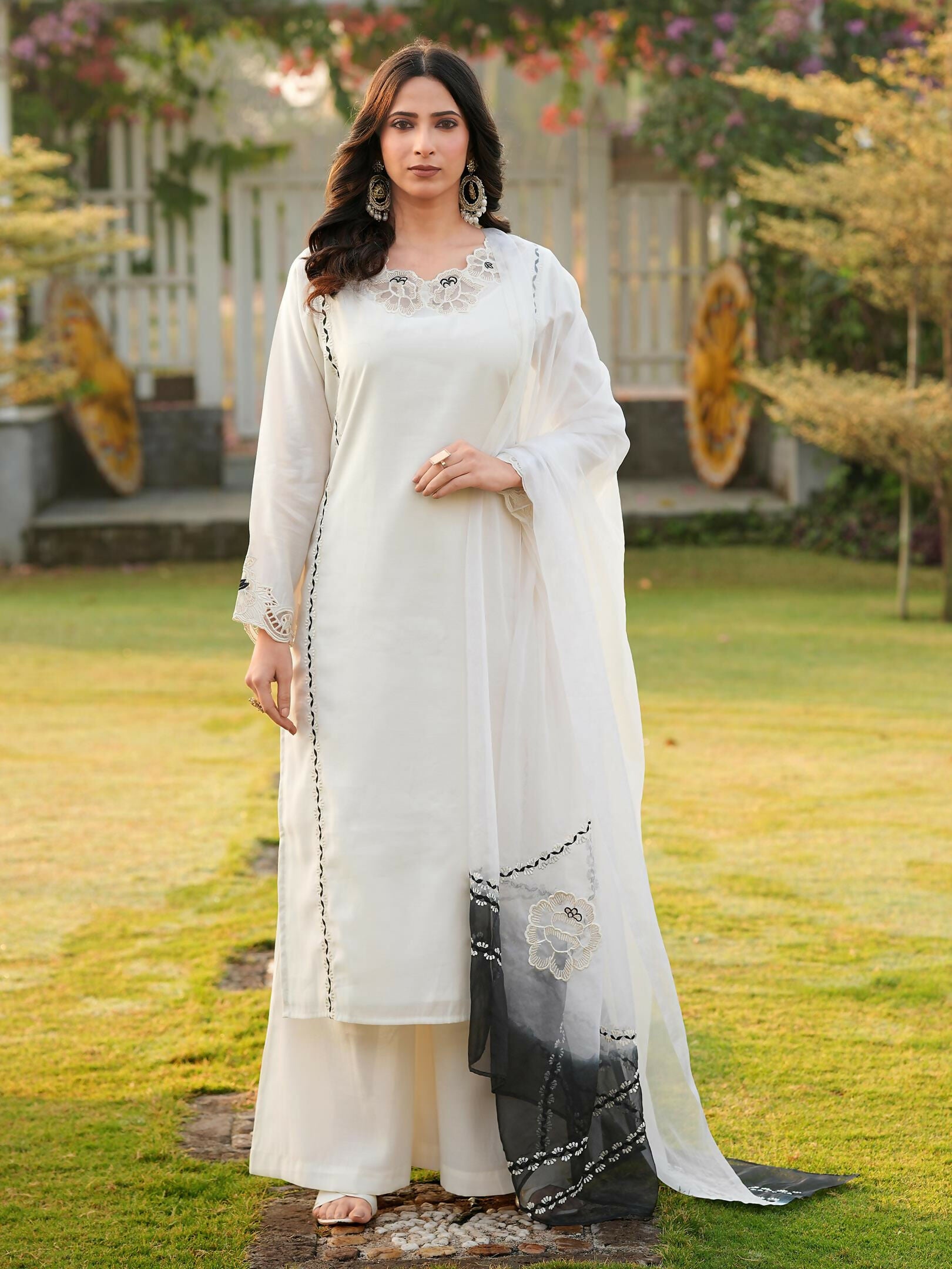 Nikhaar Cream Embroidered Art Silk Stitched Straight Cut Kurta Palazzo Dupatta Readymade Suit - Dista