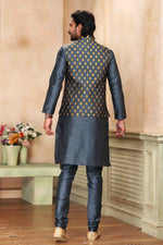 Thumbnail for Raivat Ethnic Jacquard Banarasi Silk Woven Work 3 Pics Jacket Set In Dark Grey Colour - Distacart
