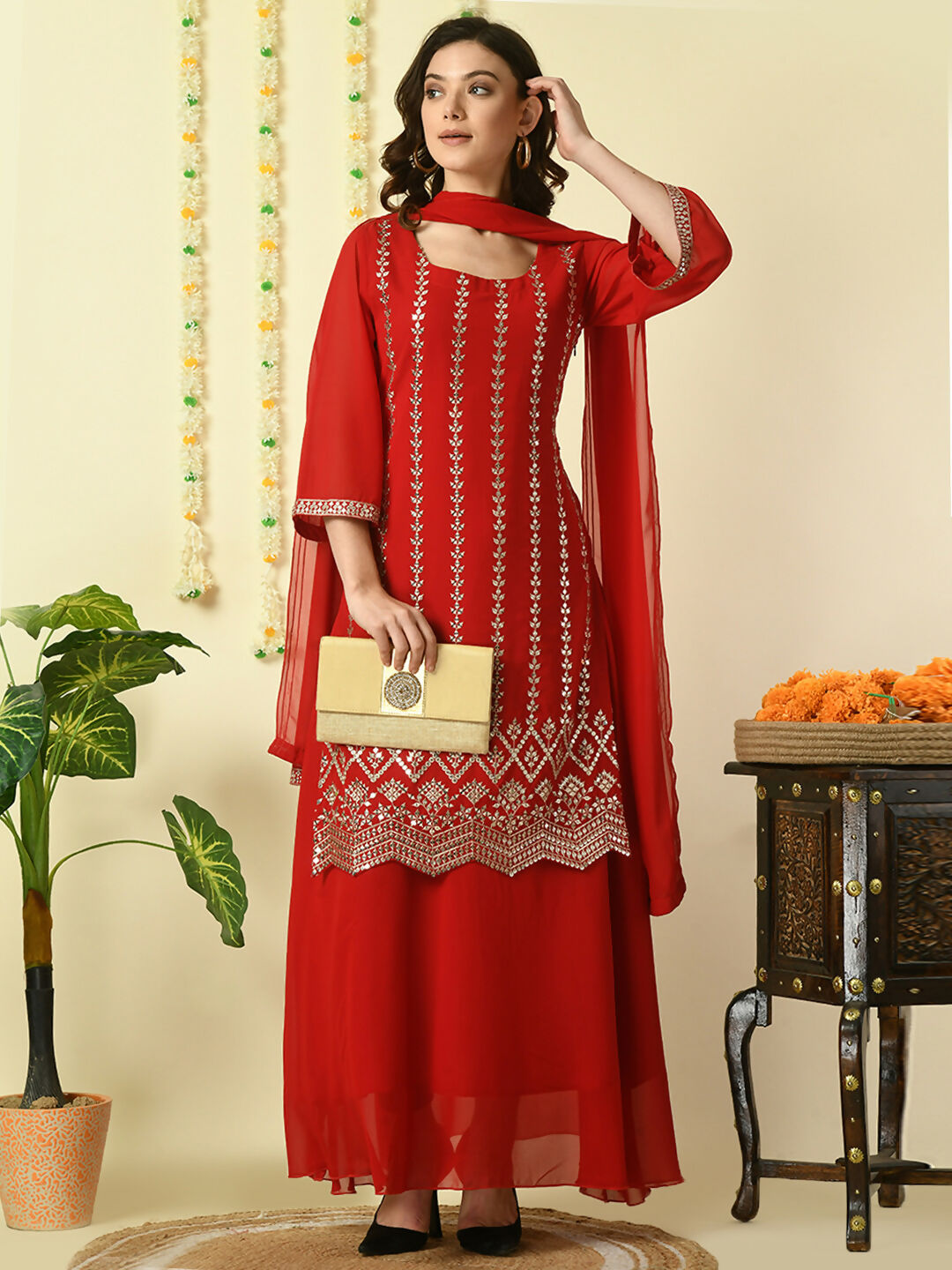 Myshka Women's Red Georgette Kurta & Skirt With Dupatta Party Sets - Distacart