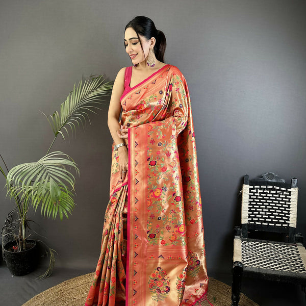 Joban Fashion Peach Floral & Leaf Motifs Soft Silk Paithani Saree - Distacart