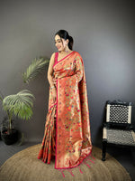 Thumbnail for Joban Fashion Peach Floral & Leaf Motifs Soft Silk Paithani Saree - Distacart