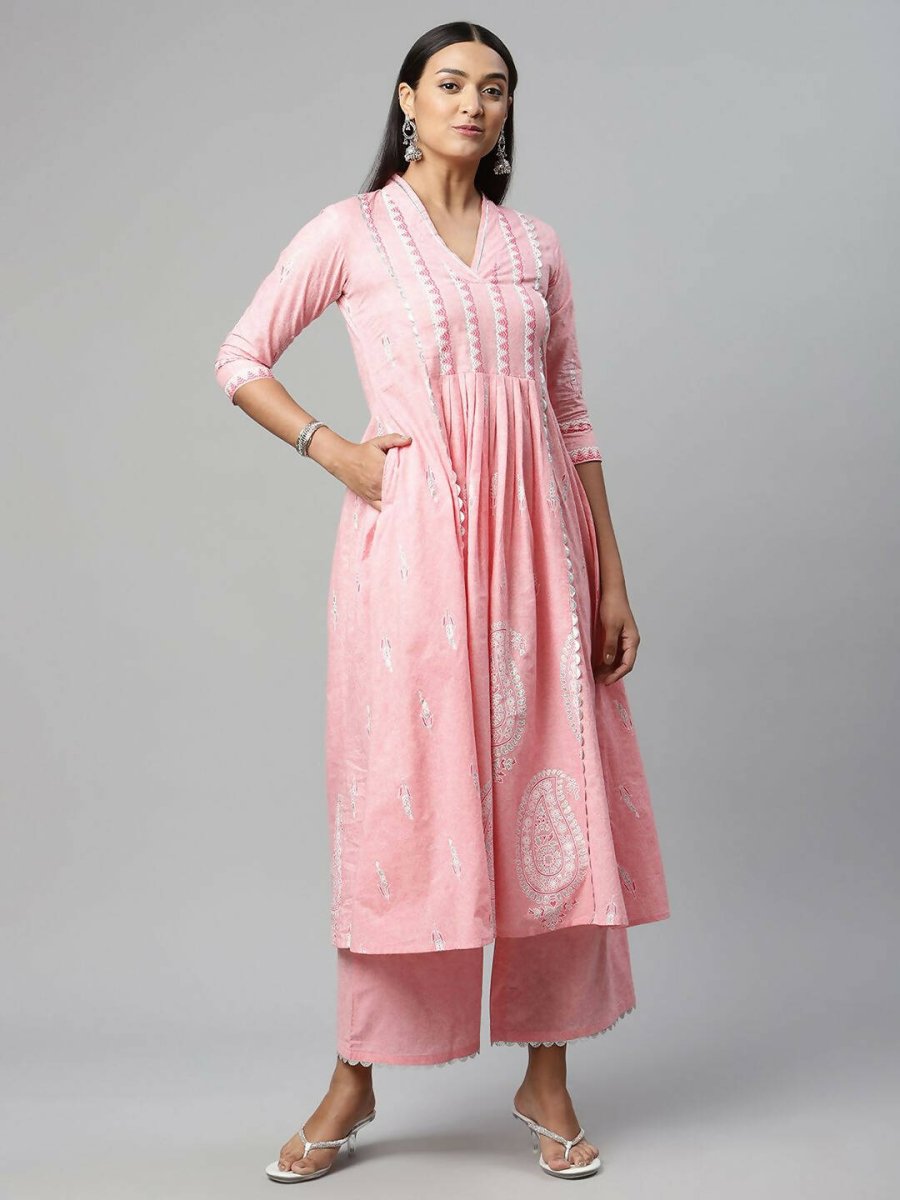 Ahalyaa Womens Pink Pure Cotton Printed Kurta Palazzo Set - Distacart