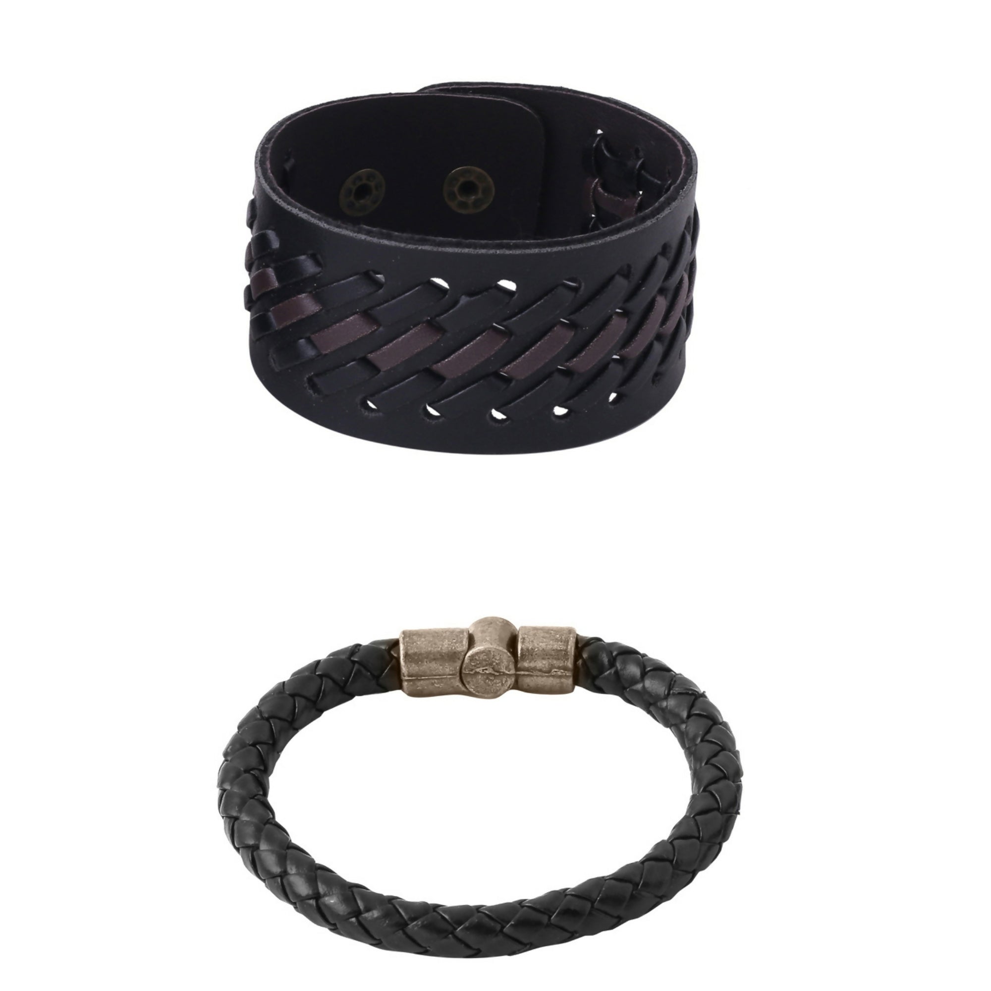 NVR Men's Set of 2 Black Leather Bracelet - Distacart