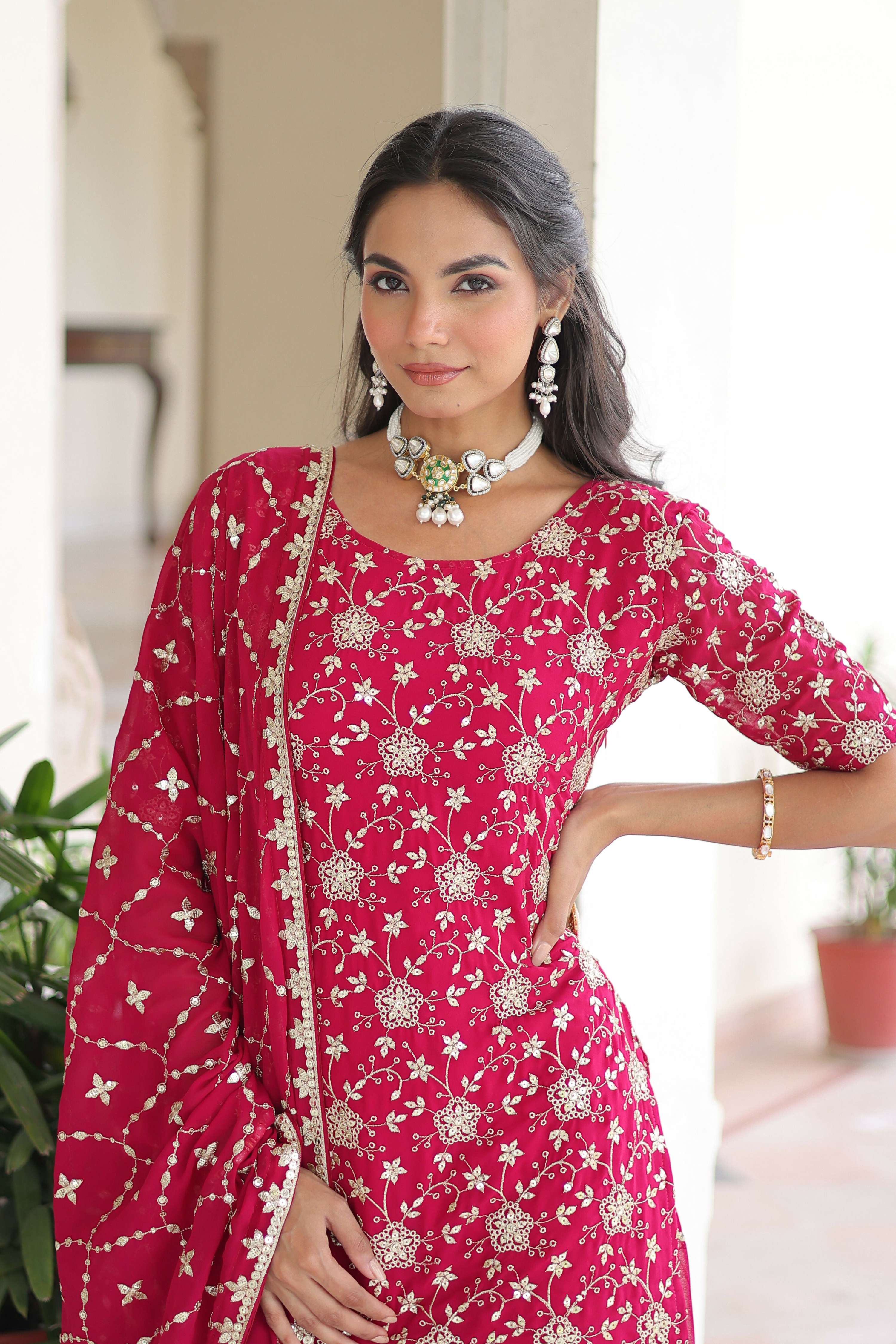 Joban Fashion Pink Readymade Kurta Set With Sequence embroidery Work