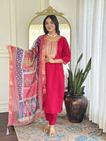 Thumbnail for The52 Rani Gorgeous Embroidered Chanderi Silk Fabric Straight Kurta Pant with Dupatta Set - Distacart