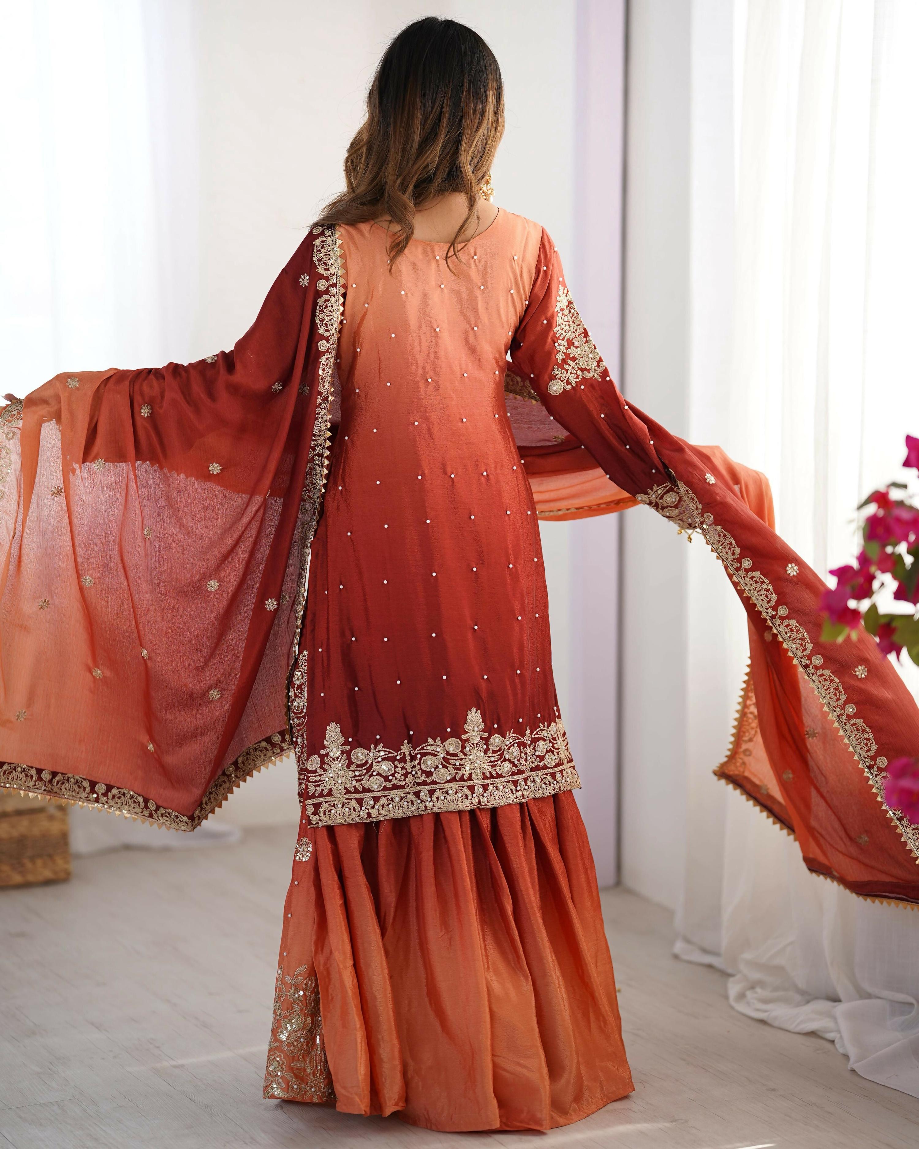 Joban Fashion Rust Orange Palazzo Chinon silk Coding Dori with Sequence with Rivet Moti