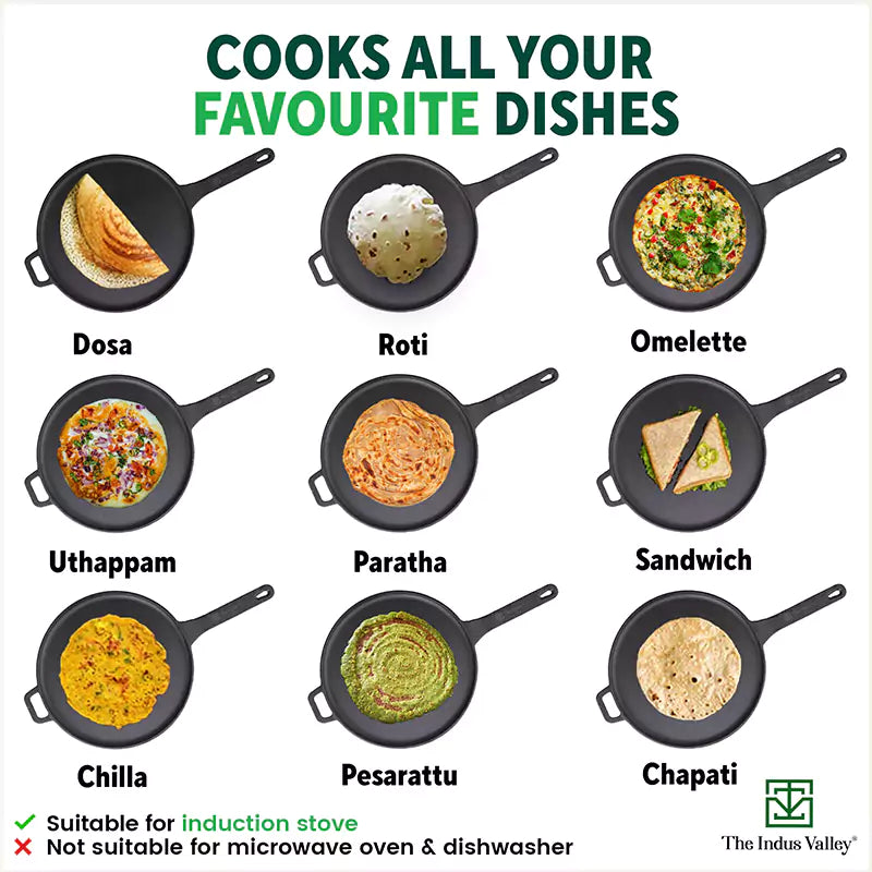 The Indus Valley CASTrong Cast Iron Tawa With Long Handle,Pre-seasoned, Nonstick, 100% Pure, Toxin-free, Induction, 28.5cm, 2.4kg