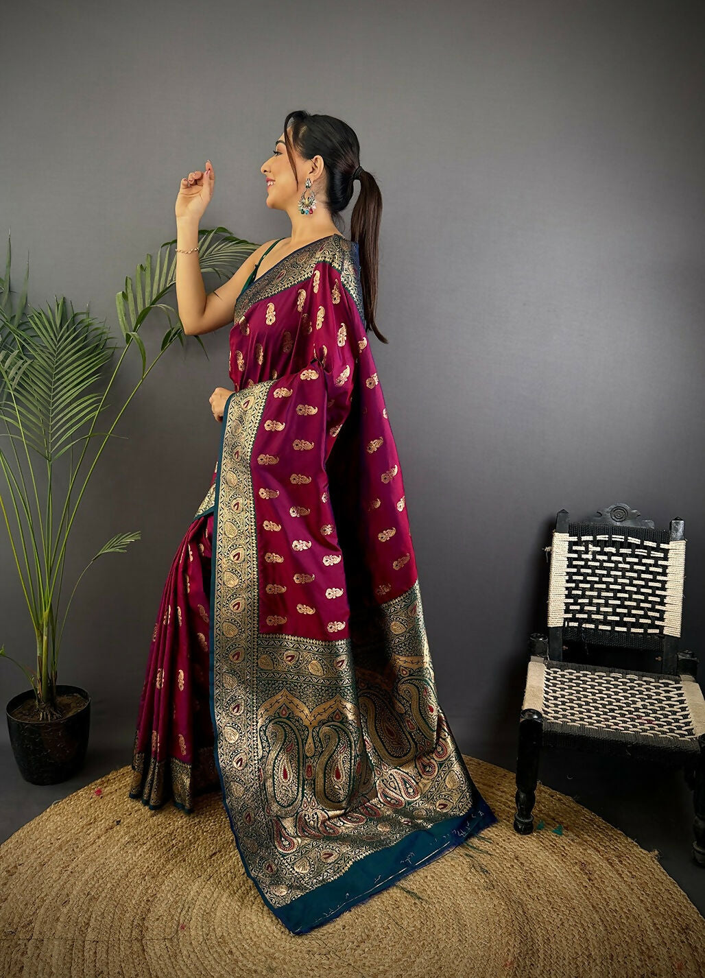 Joban Fashion Banarasi Wine Woven Butti Soft Silk Saree